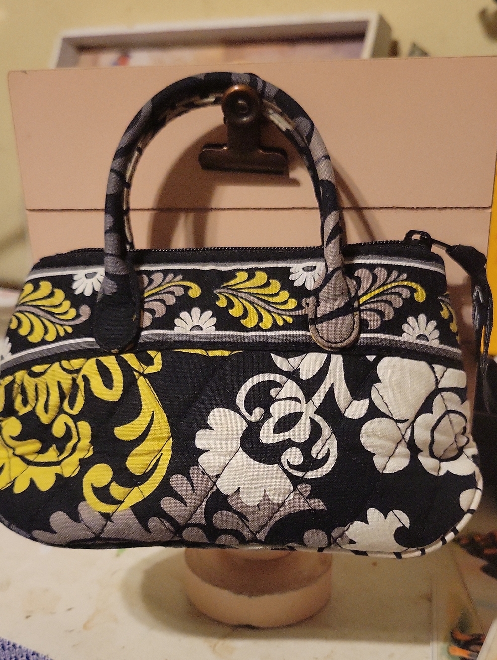 Vera Bradly Mini Quilted Floral Tote Bag in Black, White & Yellow